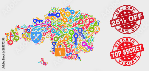 Key Vizcaya Province map and seal stamps. Red round Top Secret and 25% Off scratched seal stamps. Colorful Vizcaya Province map mosaic of different privacy items.