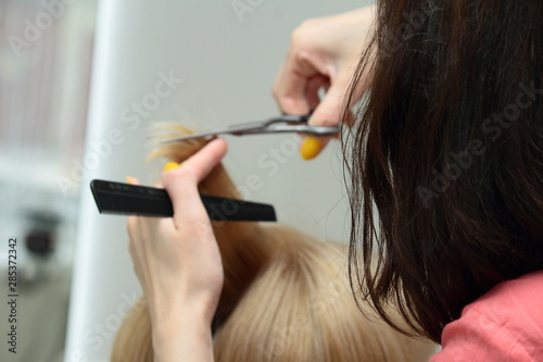Hairdresser cuts client's hair using scissors and comb.