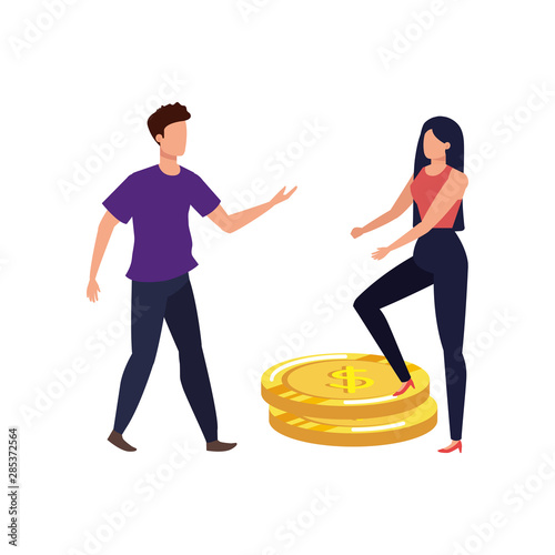 young couple with coins money avatars characters