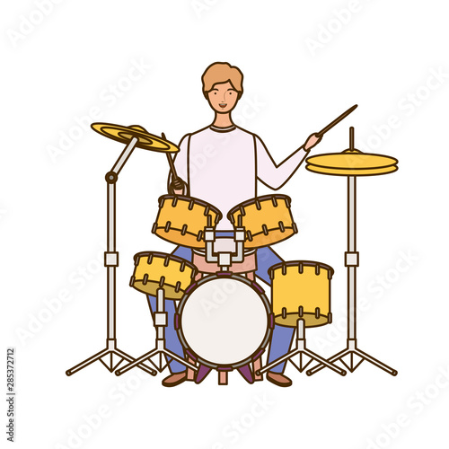 young man with drum kit on white background photo