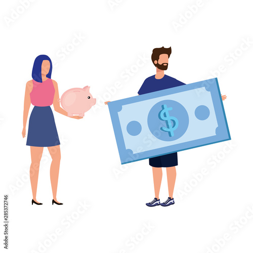 young couple with bills and piggy characters