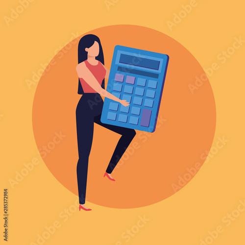 young woman with calculator math character