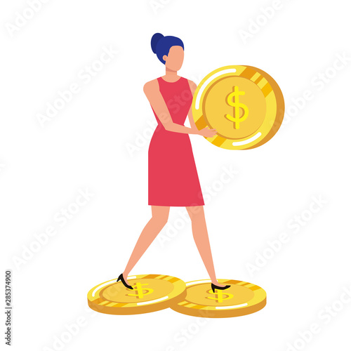 young woman with coins money character