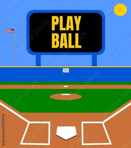 Baseball field and scoreboard on sunny day
