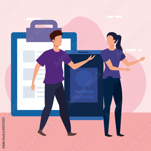 young couple with smartphone and checklist