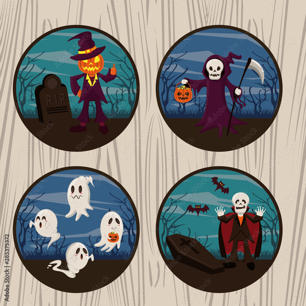 Halloween funny and scary cartoons round icons