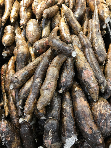 A lot of yucca roots on sale at farms market