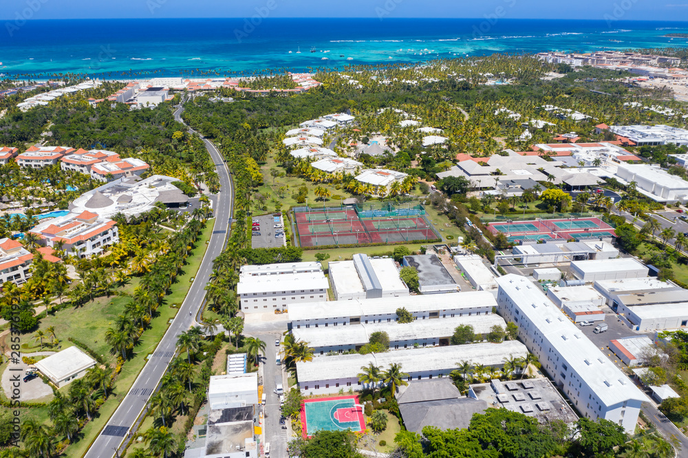 Aerial view frome drone on caribbean city near tropical beach