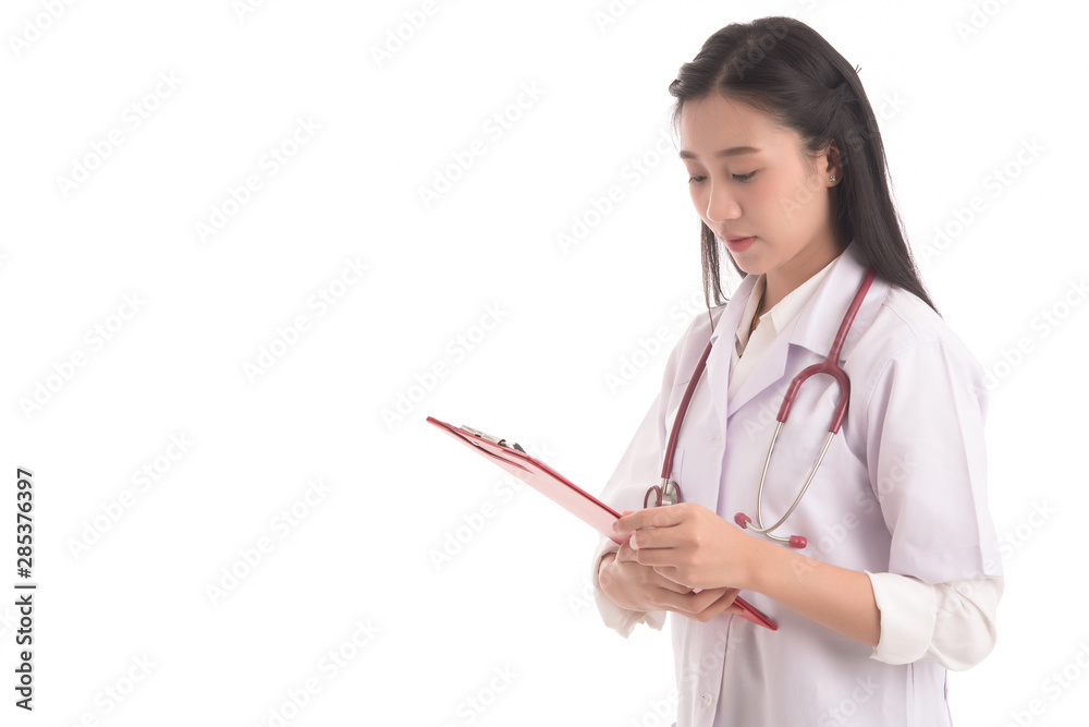 Portrait of happy beautiful woman doctor standing with stethoscope and red file over white background. Free from copy space. healthcare concept. Portrait of happy beautiful woman doctor standing with stethoscope and red file over white background. Free from copy space. healthcare concept.