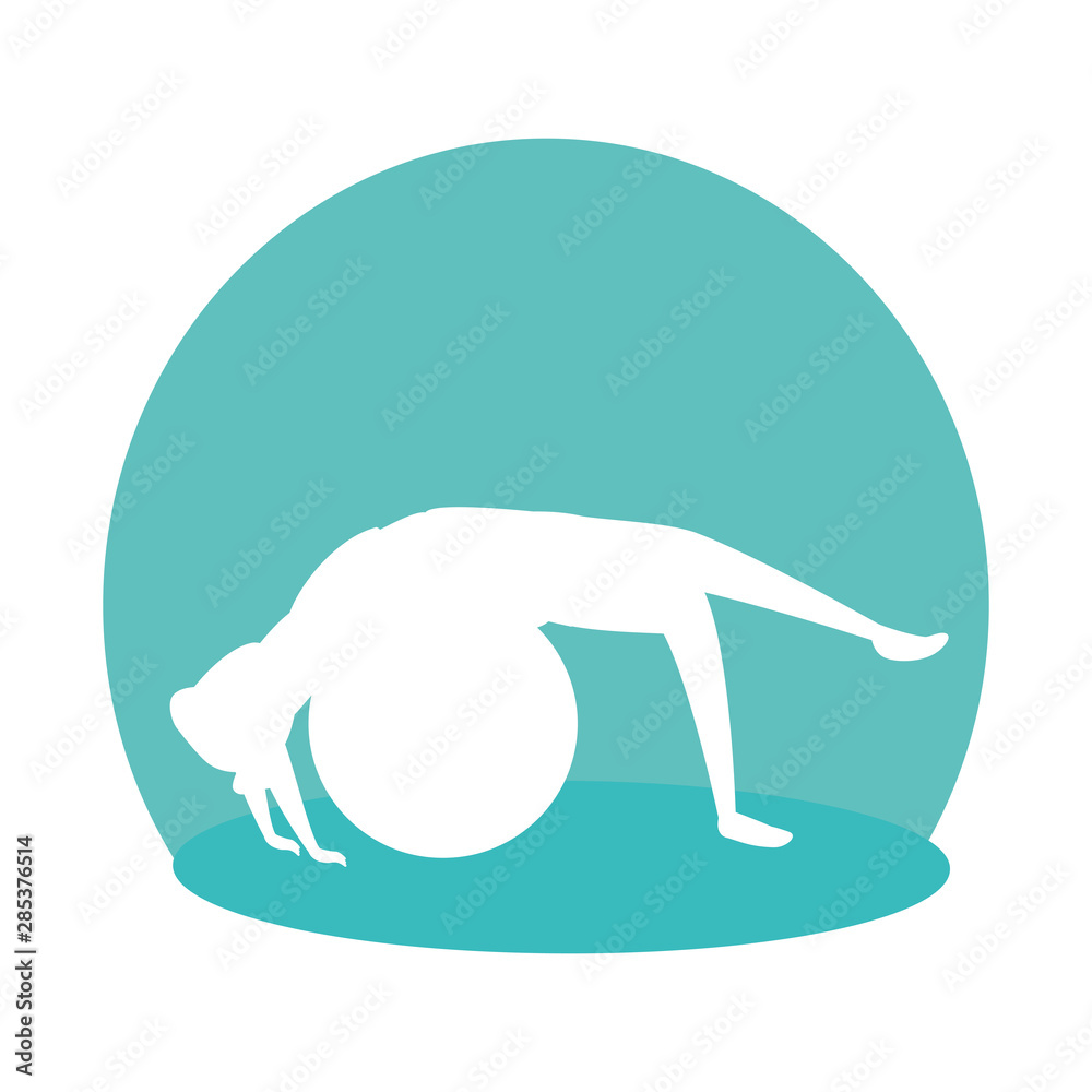 silhouette of woman practicing pilates with balloon silhouette of woman practicing pilates with balloon