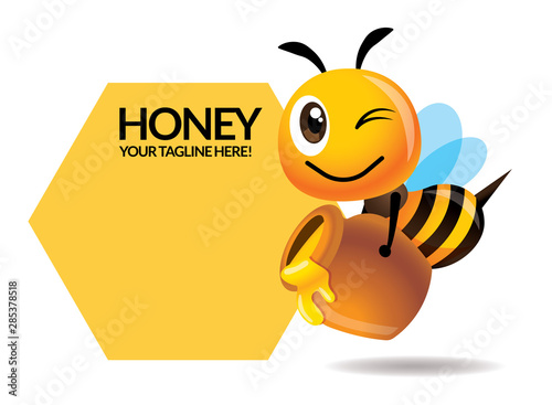 Cartoon cute bee carries honey pot with big signage or signboard