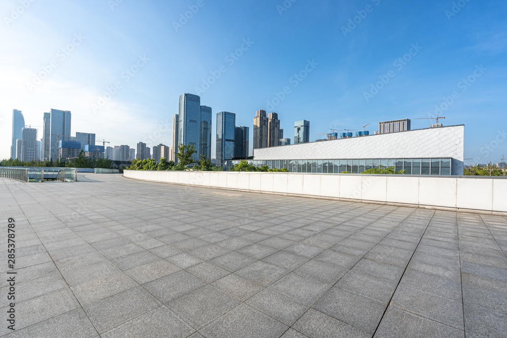 empty floor with city skyline