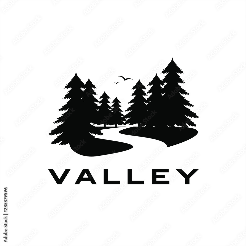 valley logo with black pine trees vector silhouette and river illustration