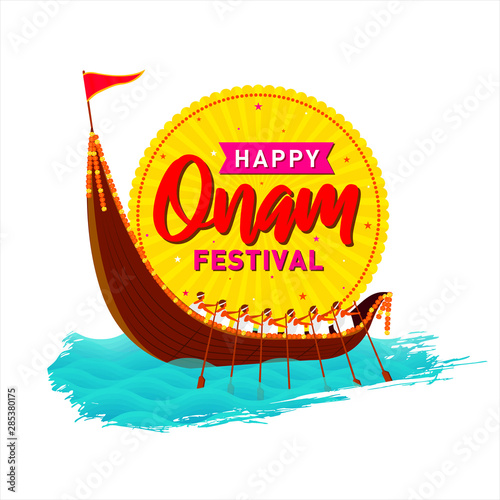 Festival of South India, Happy Onam Concept, Banner, Logo design, Sticker, Greeting Card, Template, Icon, Poster, Unit, Label, Web, Mnemonic with sun in background. Snakeboat race, Vallamkali team.