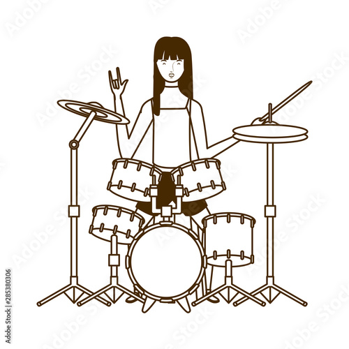 silhouette of woman with drum kit on white background