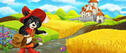 Fototapeta Naklejka Na Ścianę i Meble -  Cartoon scene - cat traveling to the castle on the hill near the farm ranch - illustration for children