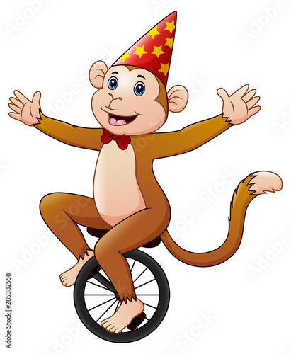 Circus monkey cartoon riding a monocycle with smile