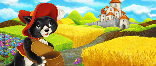 Cartoon scene - cat traveling to the castle on the hill near the farm ranch - illustration for children