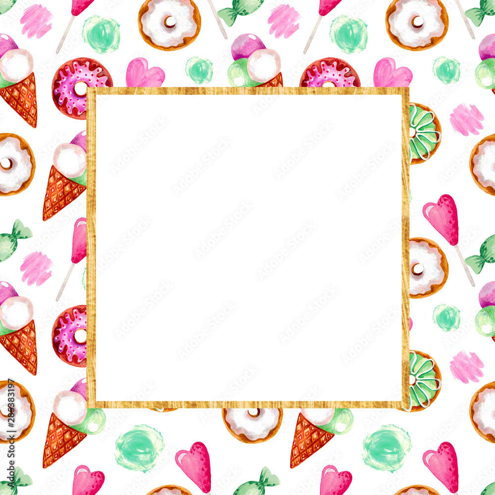 Illustration of hand painted acrylic gouache Sweet dessert donuts ice cream heart. Frame for your text