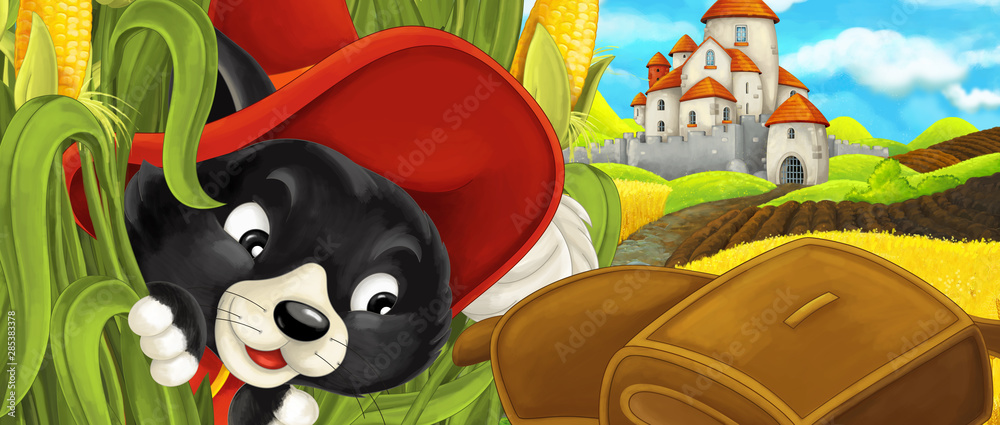Naklejka premium Cartoon scene - cat traveling to the castle on the hill near the farm ranch - illustration for children