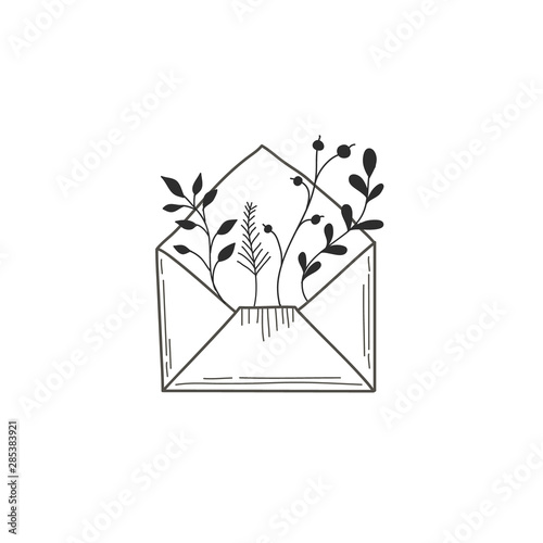 Open envelope with plants. Vector freehand illustration in doodle style. Linear sketch
