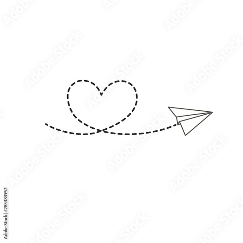 Paper plane with dotted line heart. Vector linear illustration by hand. Doodle drawing,