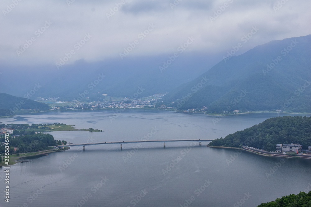 Views around Mount Fuji Japan, including Kawaguchiko Tenjozan Park, Lake Kawaguchi from ferry boat on the lake and the gondola  observation. Asia.