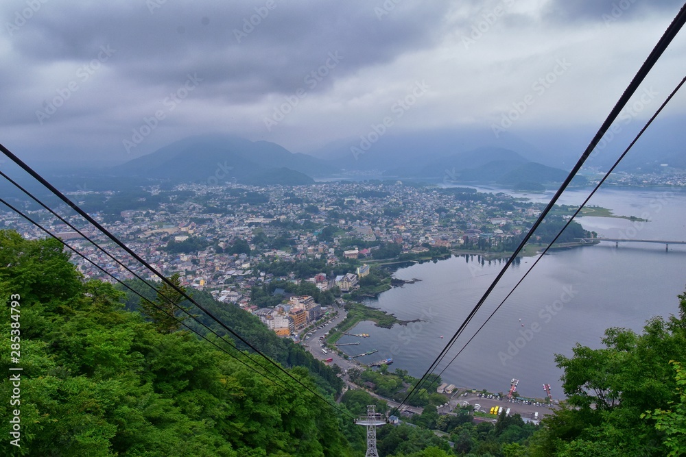 Obraz premium Views around Mount Fuji Japan, including Kawaguchiko Tenjozan Park, Lake Kawaguchi from ferry boat on the lake and the gondola observation. Asia.