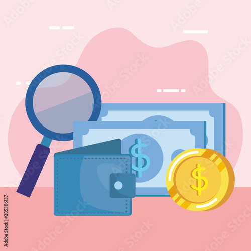 bills money dollars with wallet and magnifying glass