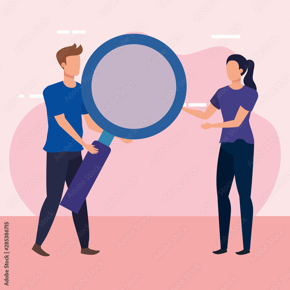 young couple with magnifying glass characters young couple with magnifying glass characters