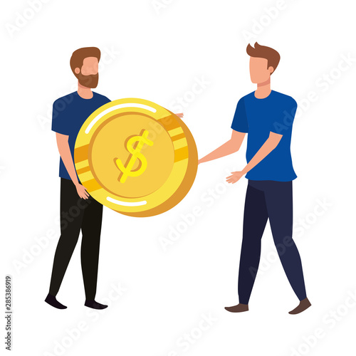 young men with coins dollars characters