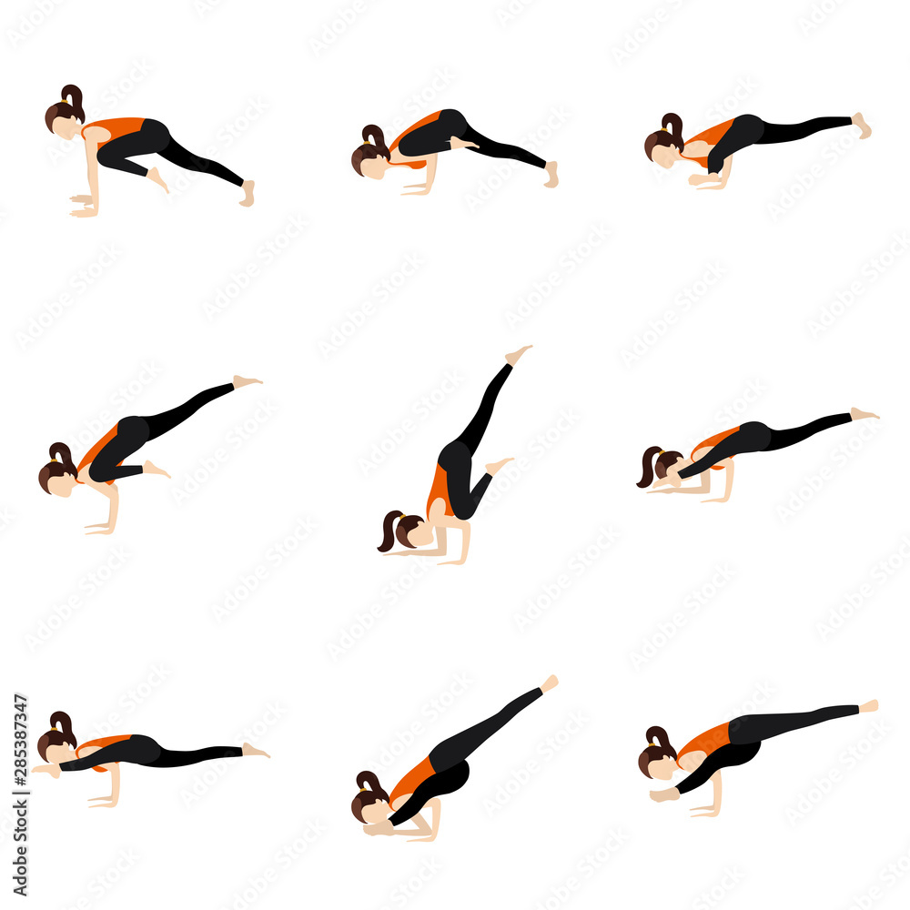 Advanced arm balance yoga poses set/ Illustration stylized woman practicing  yoga postures koundinyasana sequence Stock Vector