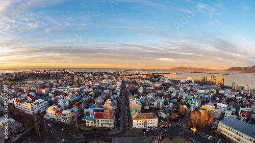 Golden hour Reykjavik aerial view