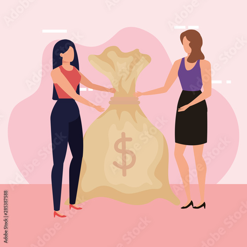 young women with coins dollars characters