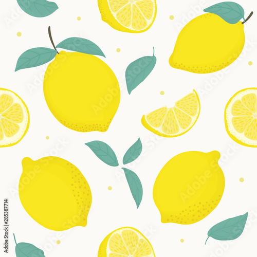 Lemon Citrus seamless pattern with leaves. Tropical background Vector bright print for fabric or wallpaper.