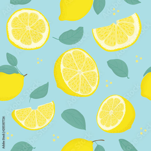 Lemon Citrus seamless pattern with leaves. Tropical background Vector bright print for fabric or wallpaper.