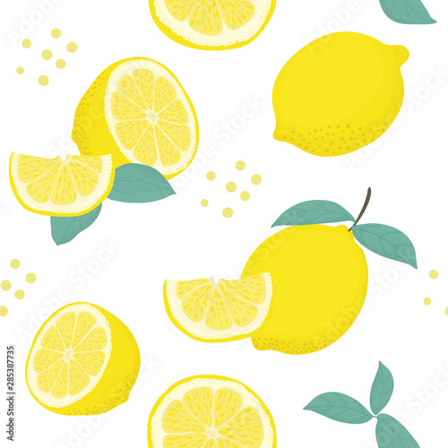 Lemon citrus seamless pattern with leaves