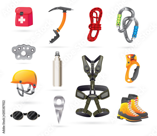 Equipment for Mountaineering and Hiking. Icons Set.