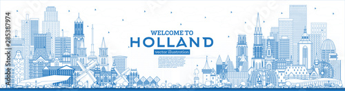 Outline Welcome to Netherlands Skyline with Blue Buildings.
