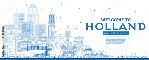 Outline Welcome to Netherlands Skyline with Blue Buildings.