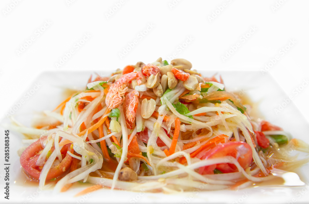 Papaya salad of Northern traditional Thai food - Thai food style on white background. Papaya salad of Northern traditional Thai food - Thai food style on white background.
