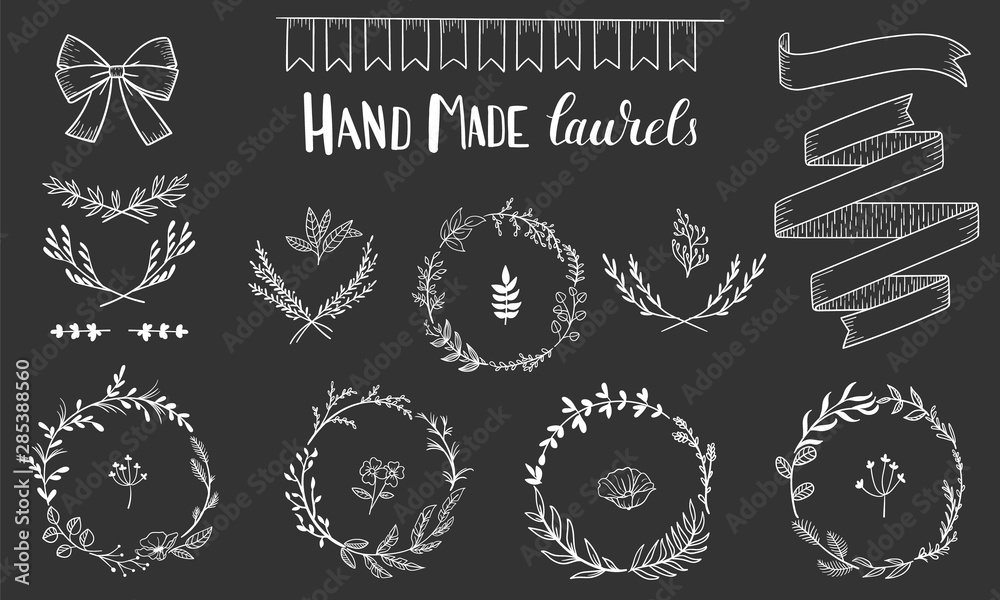 set of elements laurels and labels leaves hand draw vector