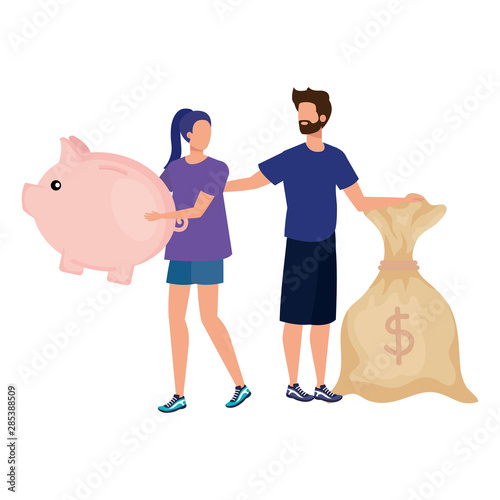 young couple with piggy and money sack characters