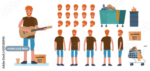 Homeless man character constructor for animation creation cet. Front, side and back view. cartoon style vector illustration isolated on white background.