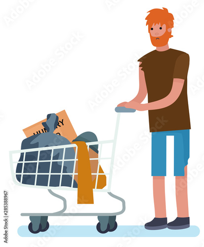 homeless man with beard pushing a shopping cart with all his possessions on a white background. cartoon style vector illustration isolated on white background.