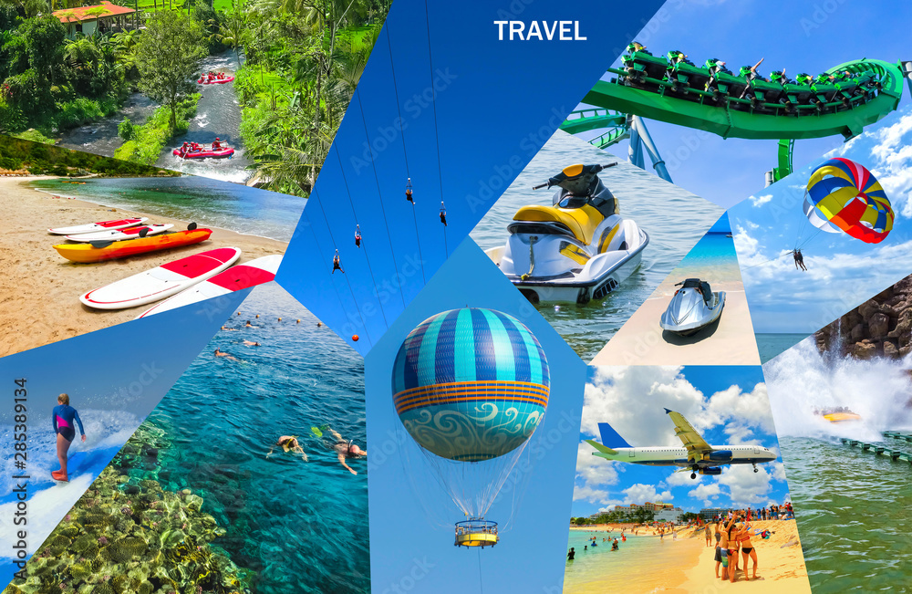 Travel Activity Collage From Views Of The Caribbean Beaches Boat 