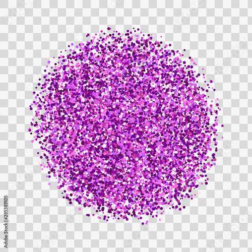 Purple sparkles and glitter powder spray frame. Sparkling glitter particles explosion on vector black transparent background. Purple round frame or luxury fireworks and confetti outburst