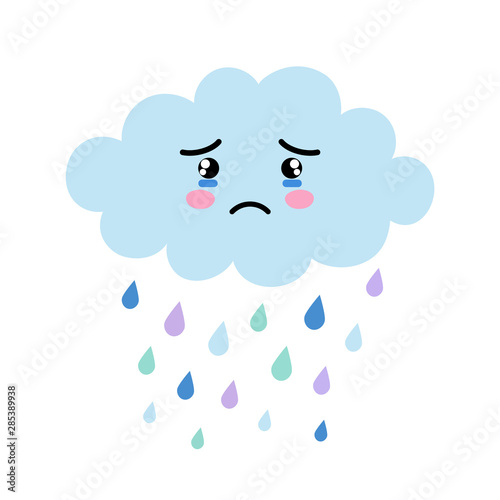 Cute cartoon kawaii blue cloud with rain drops with sad face emotion. Weeping cloud vector illustration