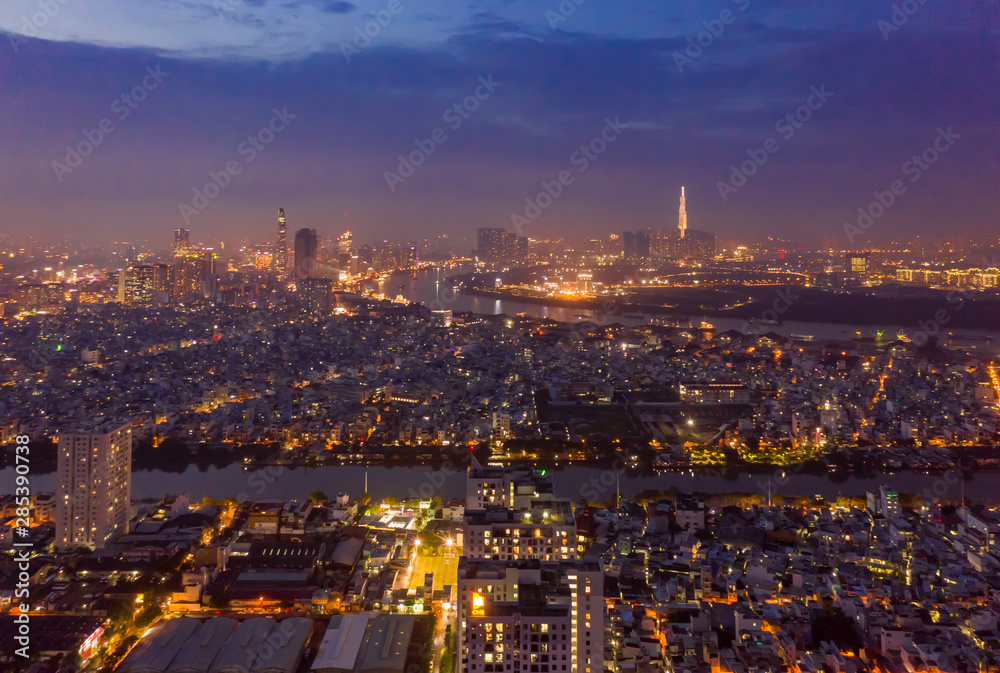 Panoramic aerial night photo of Ho Chi Minh City, Saigon, Vietnam