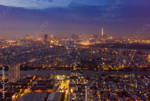 Panoramic aerial night photo of Ho Chi Minh City  Saigon  Vietnam